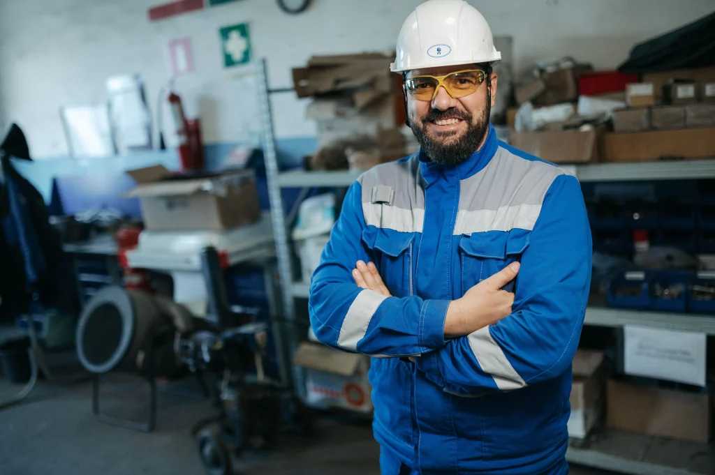 Hombre con casco y gafas de seguridad en un taller de fabricación de productos plásticos para construcción y agricultura.